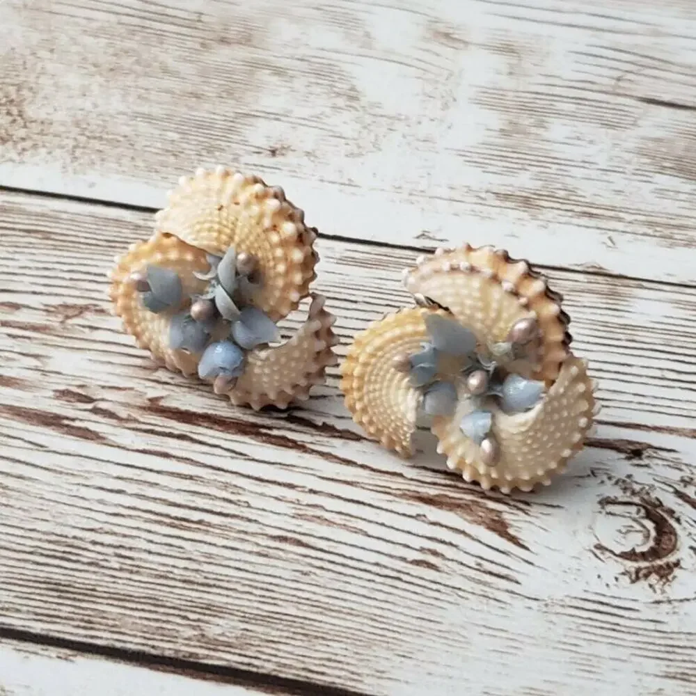 Vintage Screw On Earrings - Shell with Blue Detail